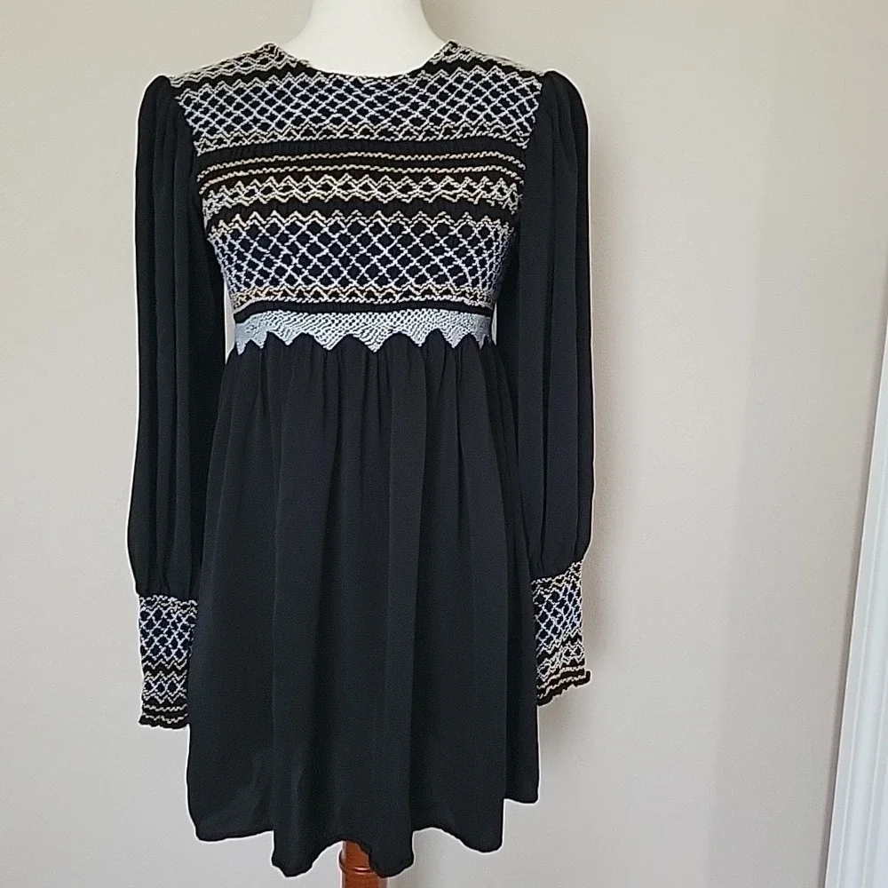 Free People Late Night Picnic Embroidered Smocked Babydoll Dress Size S Black